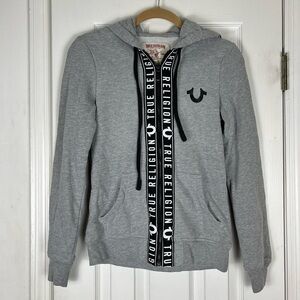 True Religion Gray Full Zip Hoodie Sweatshirt Jacket with Black/White Trim